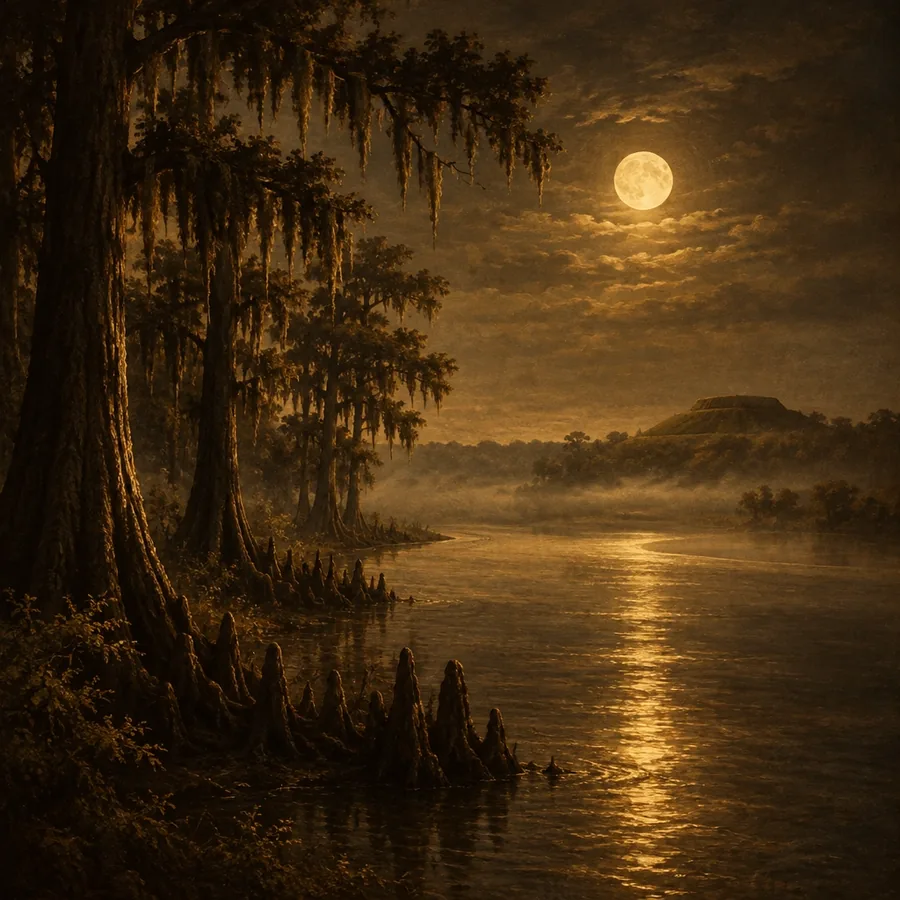 Moonlit Mississippi river with cypress trees and an earthen mound