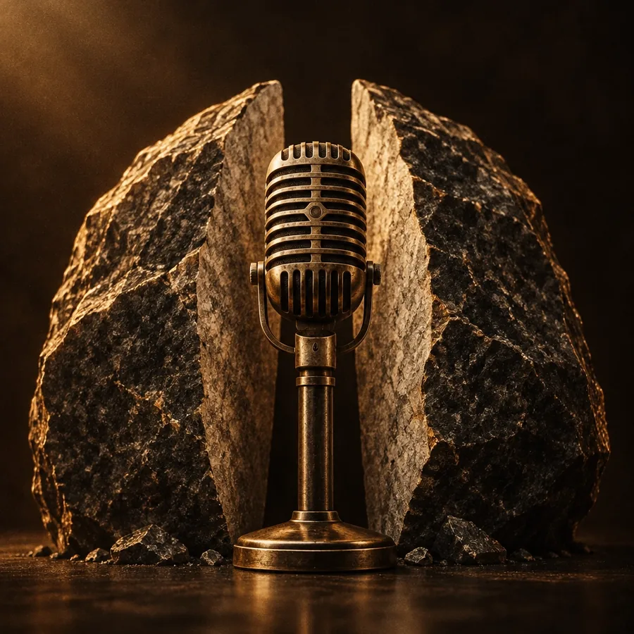 Vintage microphone between two halves of a split granite rock